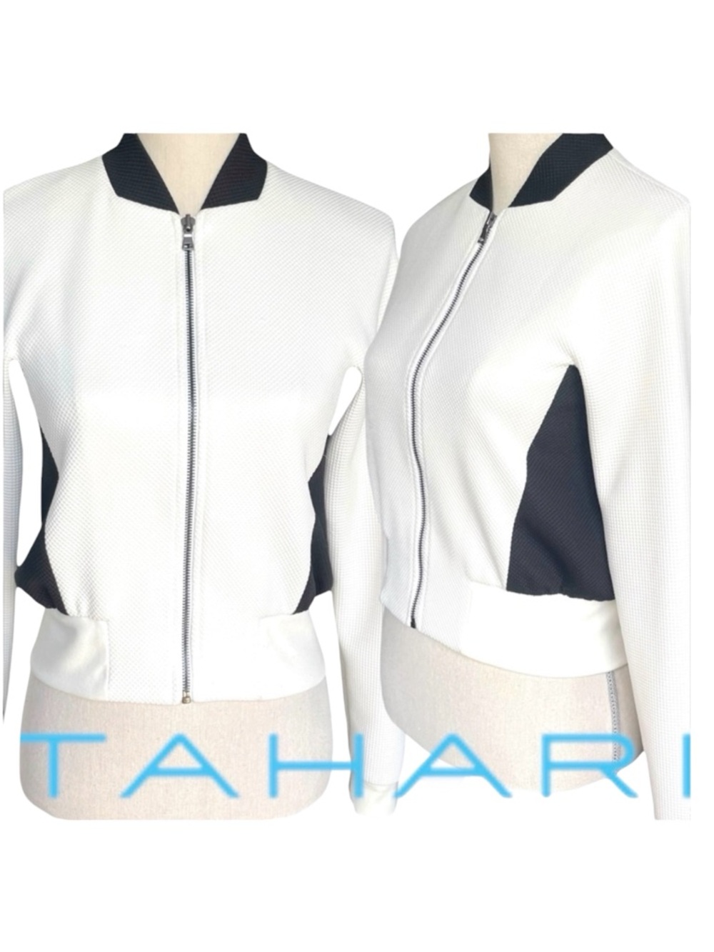 T Tahari White/Black Textured Bomber Jacket (XS)